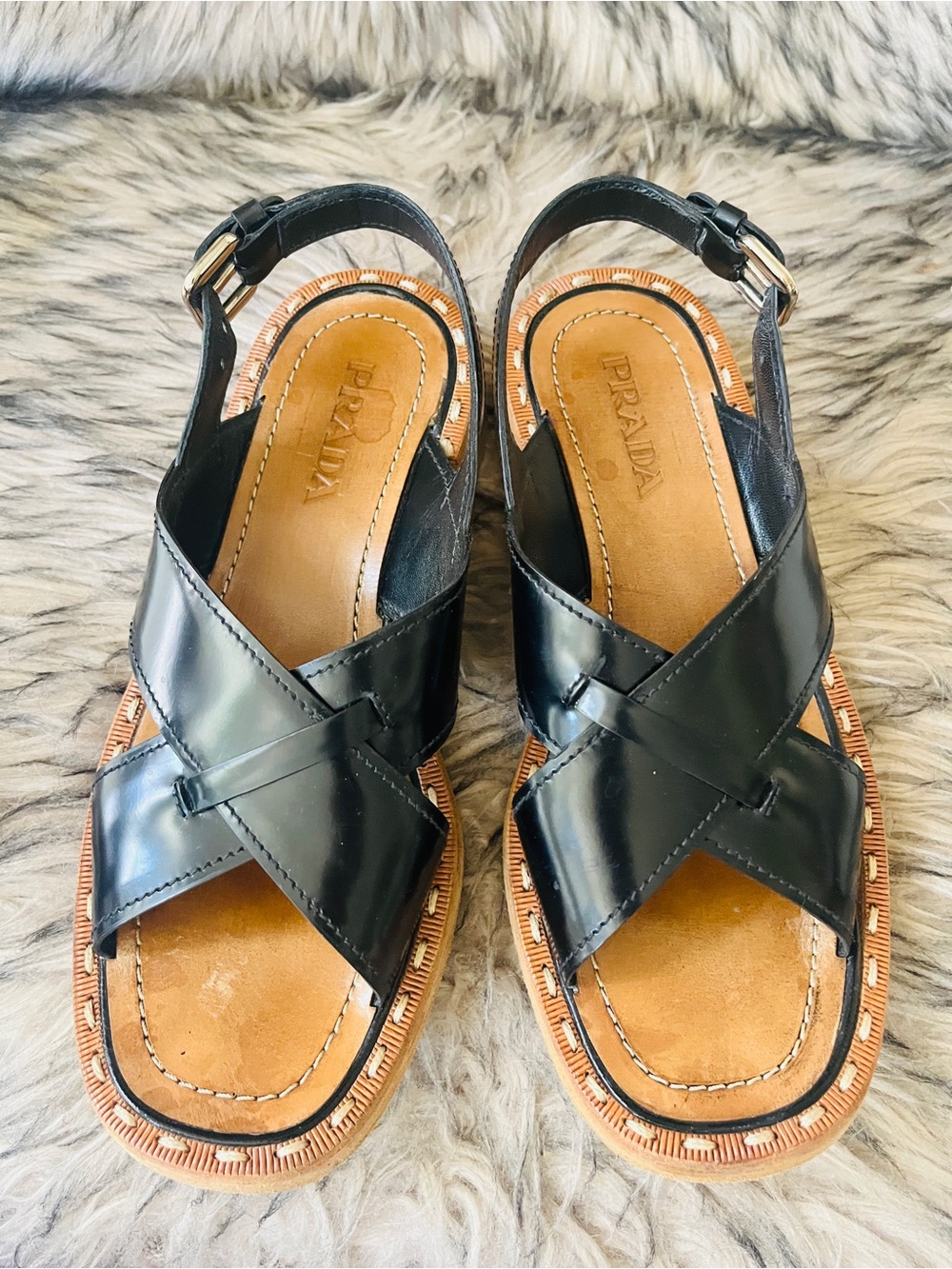 Prada Black Leather Cross-Strap Slingback Chunky Sandals 37 Rare